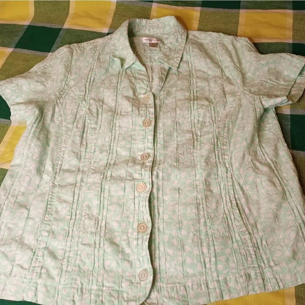 Christopher & Banks Women's Shirt XL Button Up Pockets Print Green White